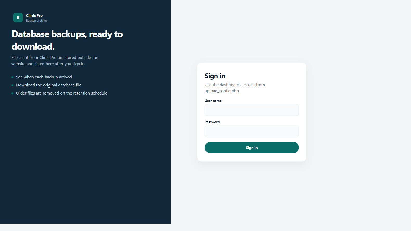 Dashboard sign-in page