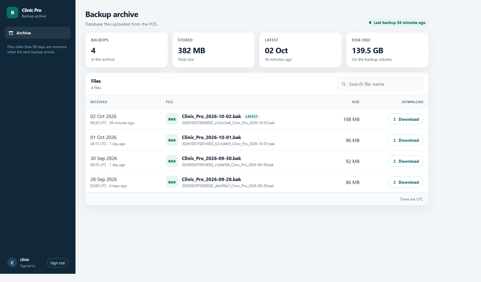 Backup dashboard with file sizes and download buttons