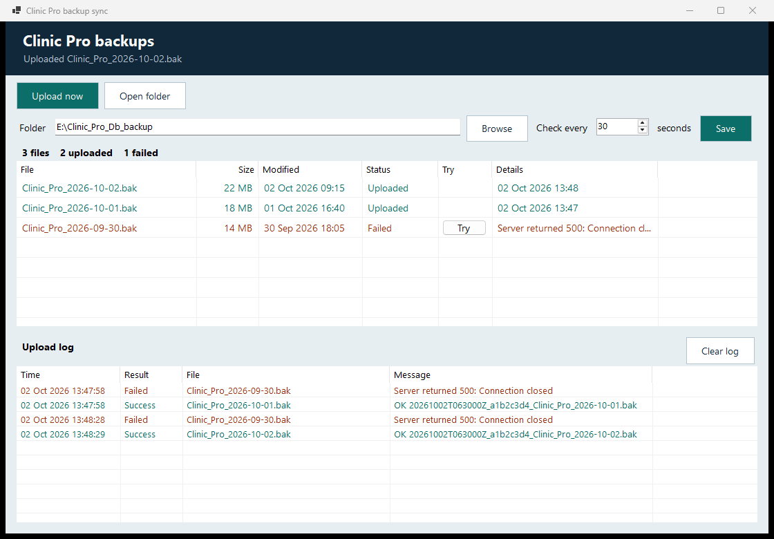 Clinic Backup Sync showing uploaded files, a failed upload with a Try button, and the upload log